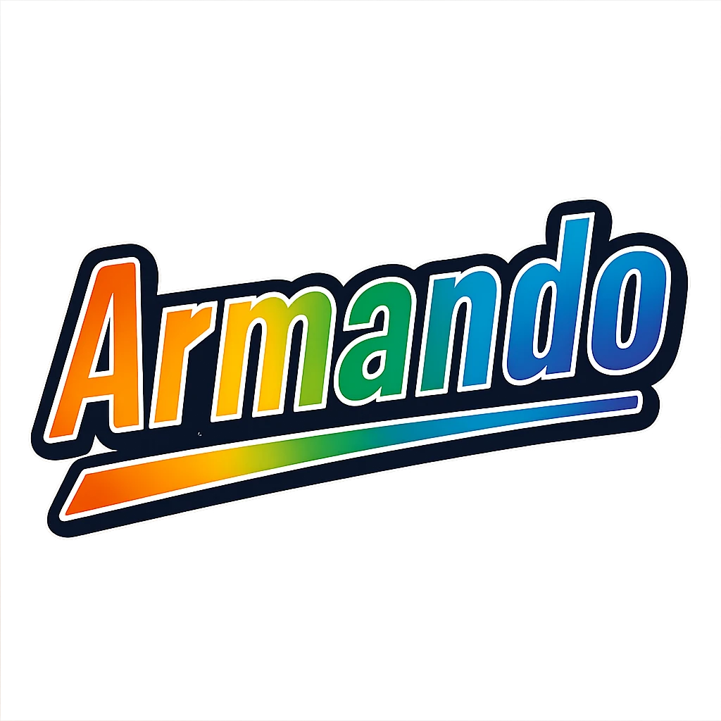 The name 'Armando' in a modern font with smooth gradient coloring, precise Hungarian characters, dark outline, extra thick and prominent white letter border, dynamic slanted underline, rainbow gradient color scheme, 1000x1000 px, PNG, transparent background. emoji