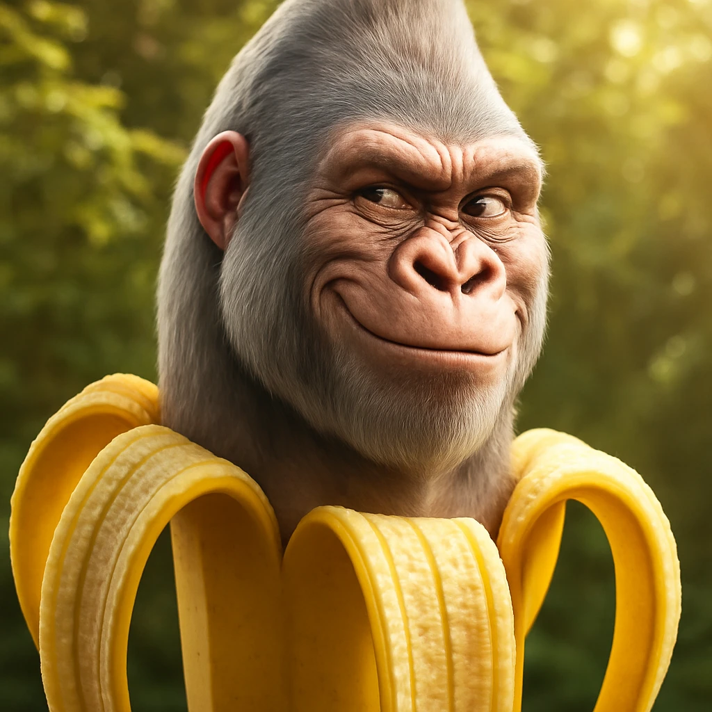 Edit the gorilla image to have a sly, mischievous smirk with one eyebrow raised and a knowing glint in the eyes, keeping the same style and quality as the original. emoji
