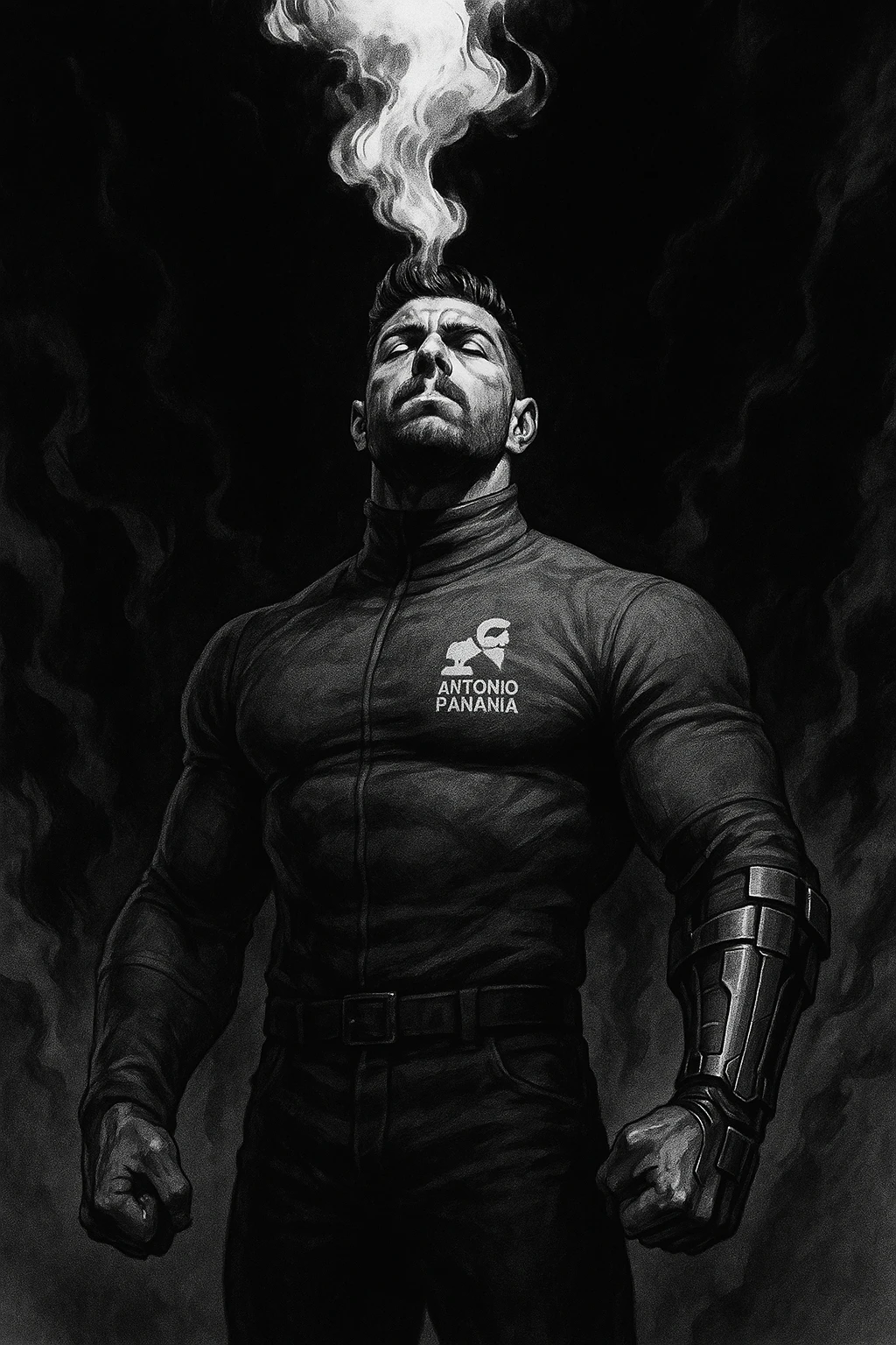 Cinematic Black and white comic book panel of an extremely muscular Italian man with cybernetic implants standing in the dark, surrounded by smoke. He is wearing a long-sleeved shirt with a high collar, and his chest is sculpted. emoji