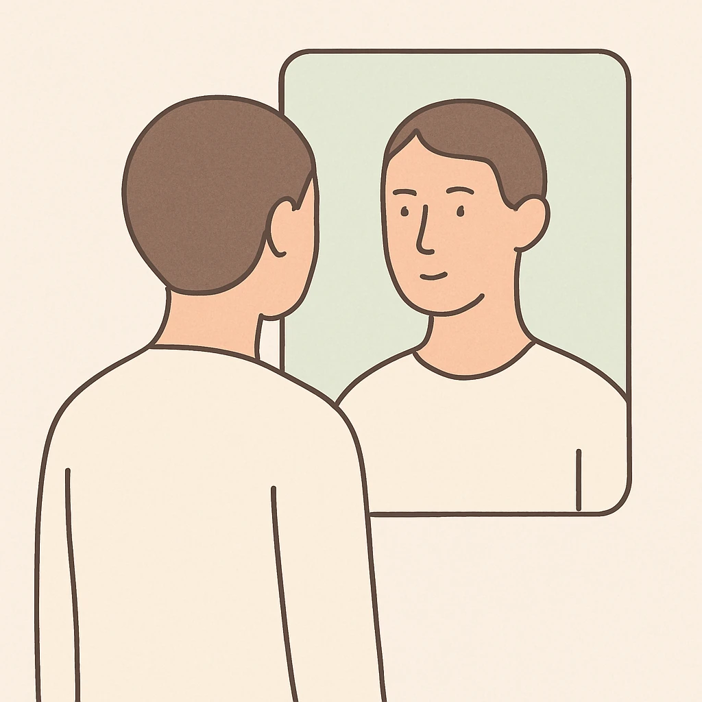 person looking into a mirror with reflection, minimalistic, clean lines, subtle color palette emoji