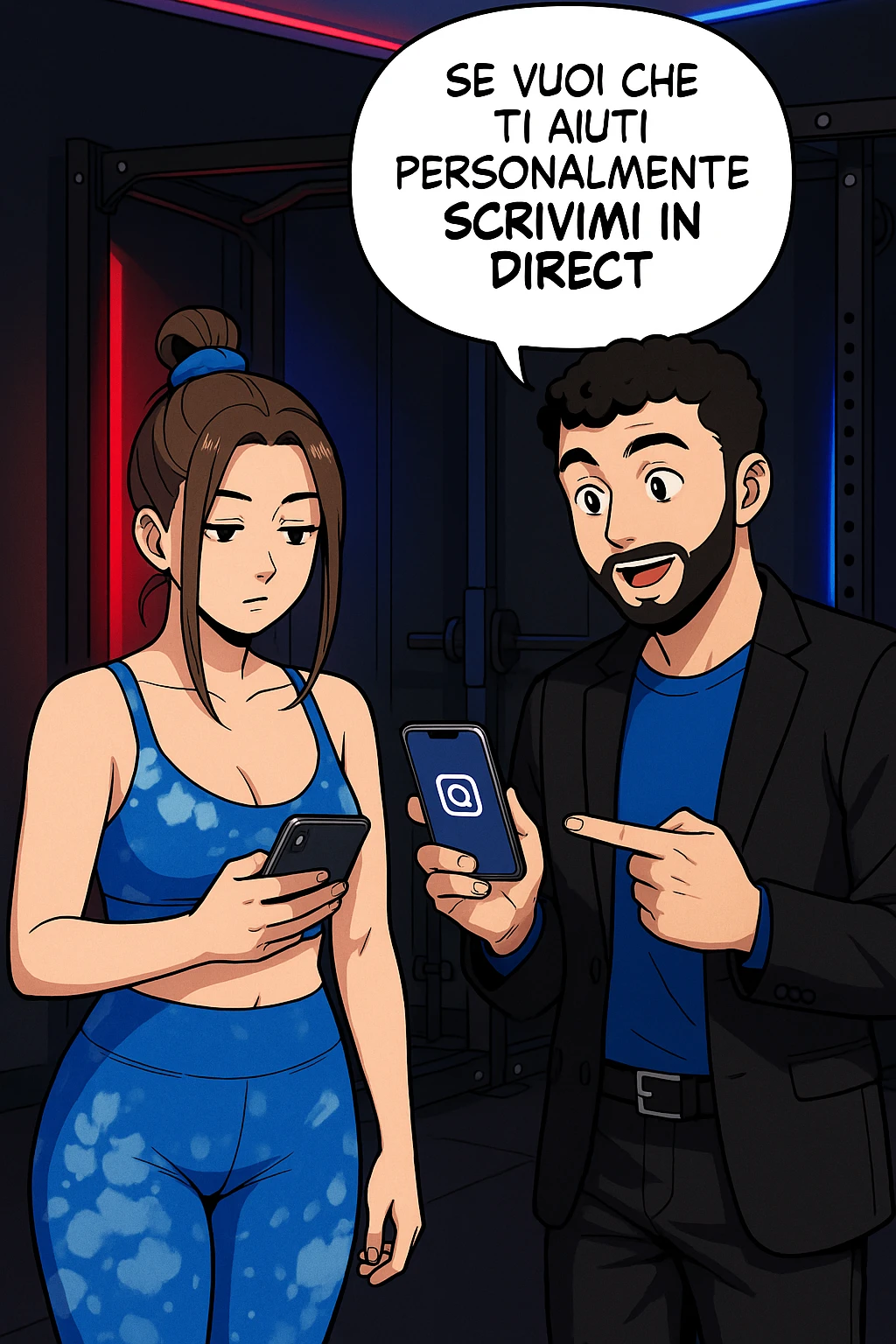 TRASFORMA QUESTO CAROSELLO IN UN FUMETTO STILE WEBTOON/MANGA A COLORI CON QUESTE DUE PERSONE IDENTICHE CHE INTERLOQUISCONO TRA LORO, L'UOMO MOSTRA UNO SMARTPHONE ALLA DONNA INDICANDOLO, E ANCHE LA DONNA HA LO SMARTPHONE IN MANO PER ANDARE A SEGUIRE IL SUO PROFILO INSTAGRAM:

LUI (UOMO): Se vuoi che ti aiuti personalmente
SCRIVIMI IN DIRECT emoji