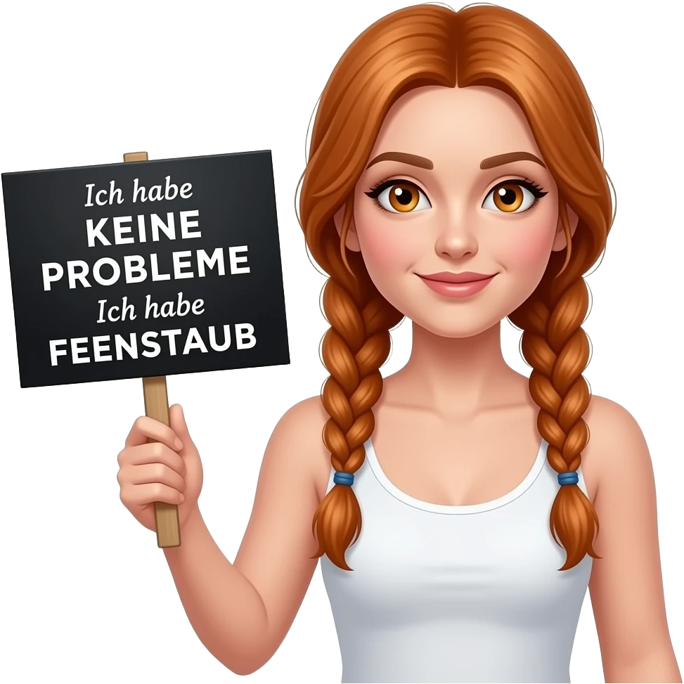 sexy girl with long ginger braids and ginger eyes wearing a white tanktop holds a black sign with Ich habe KEINE PROBLEME Ich habe FEENSTAUB written on it emoji