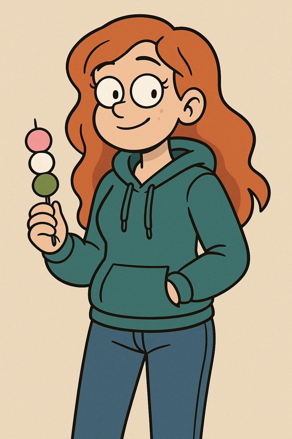 A girl red hair teal women's hoodie blue jeans Dango holding  emoji