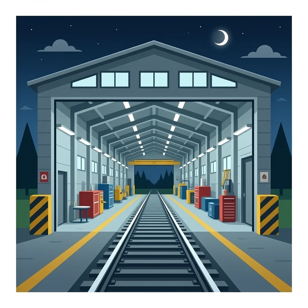 inside train maintence depot building single track perspective emoji