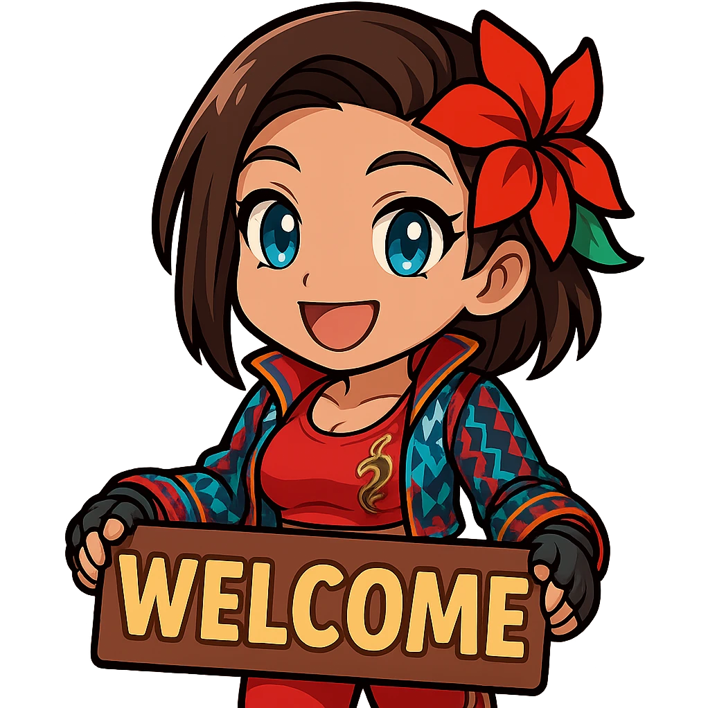 Azucena from Tekken 8 in chibi sticker style, holding a sign that says 'WELCOME', big smile, wearing the detailed red and patterned outfit from the reference images, designed for Twitch emote use. emoji