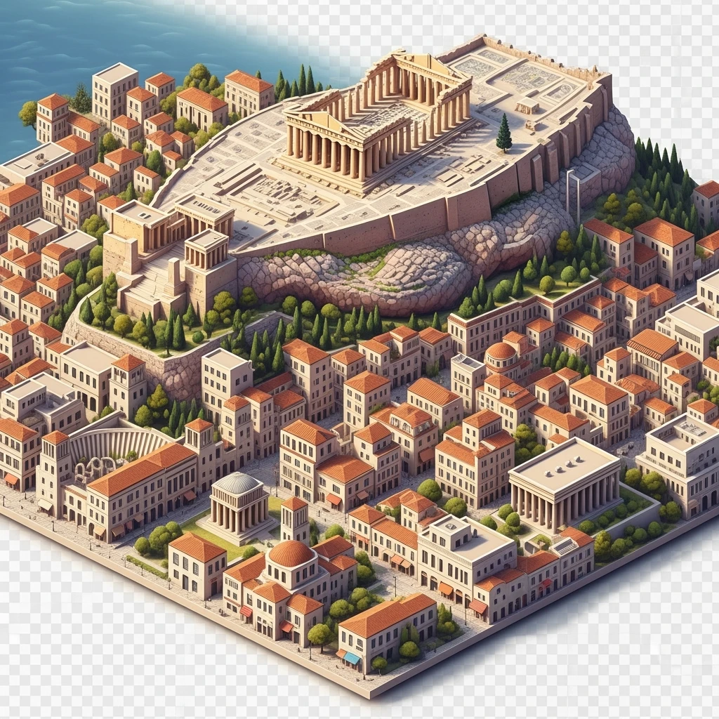 Isometric illustration of Athens, featuring the Parthenon on the Acropolis hill, highly detailed in semi-realistic style balanced between stylized and realistic, 3D miniature effect, transparent background. emoji