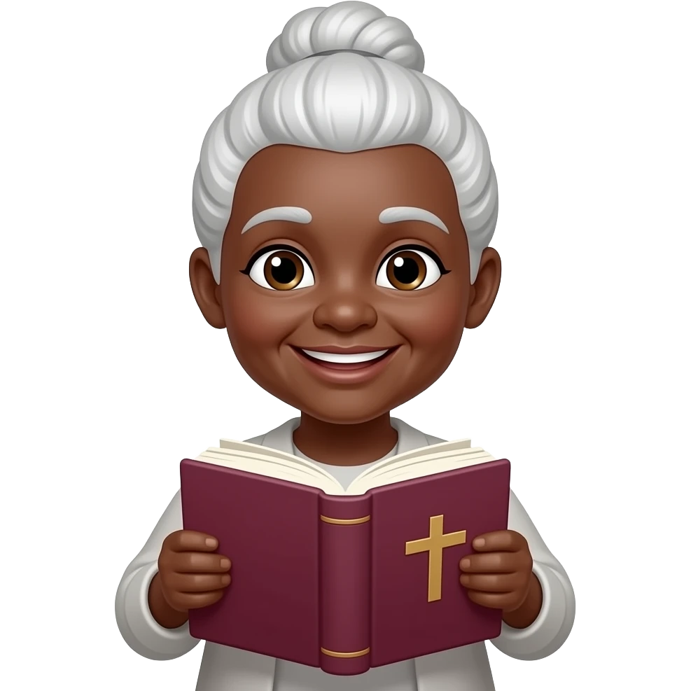 wise old woman with white hair in a bun black skin warm smile with burgundy book that has a cross on it emoji