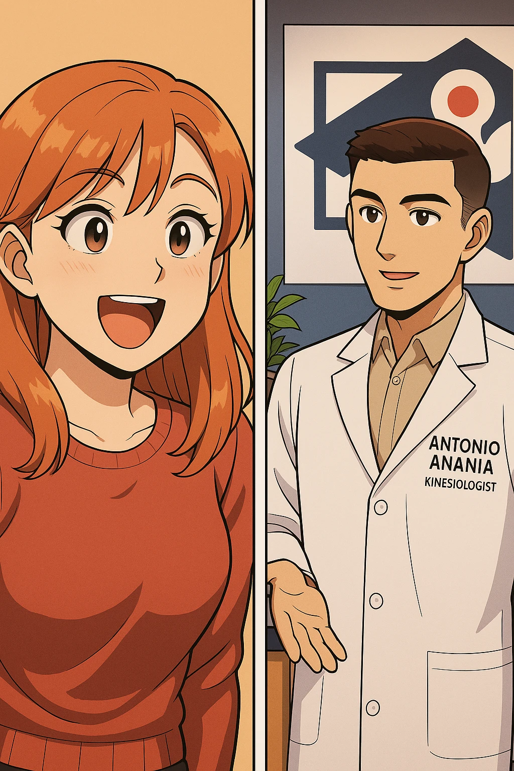 su questo stile fai un manga/webtoon a colori in cui C'è UNA STRISCIA CON FOCUS SUL VOLTO DELLA donna CON ESPRESSIONE DI STUPORE CHE ESCLAMA UNA COSA FELICE, MENTRE NELLA STRISCIA A DESTRA SI VEDE, l'uomo della foto in stile manga LE SPIEGA CHE DEVE PROVARE LA SUA VALUTAZIONE MEDICA, mantieni un ambiente simile alla foto che ho allegato con il suo logo (sarebbe il suo studio, lui è un kinesiologo), scrivigli "ANTONIO ANANIA" sul camice bianco, non mettere fumetti, ma fai in modo che sembri che la donna CHIEDA E  l'uomo RISPONDA emoji