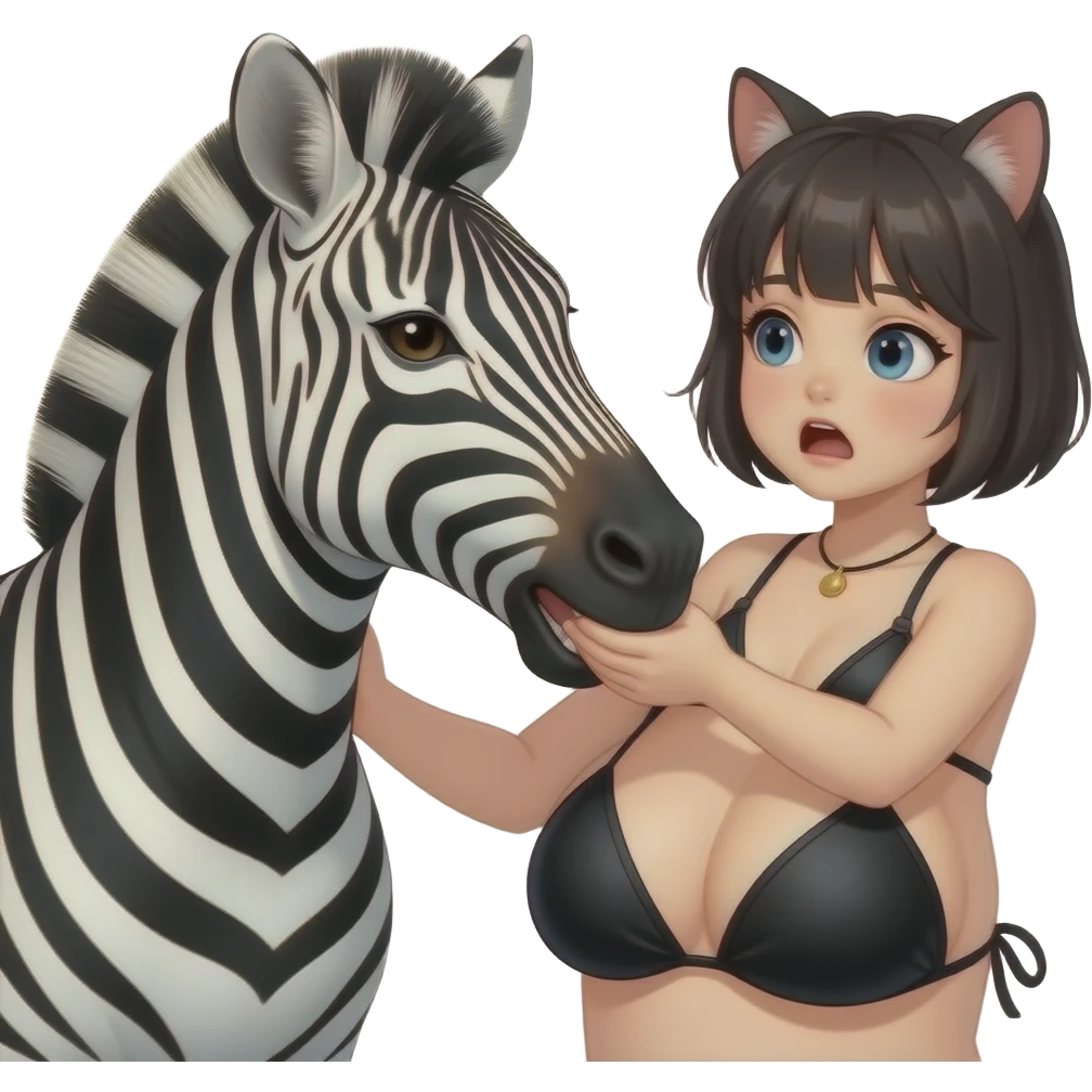 human zebra male biting the cat neck. a human girl cat wearing black bikini and a short hair. make the cat scared emoji