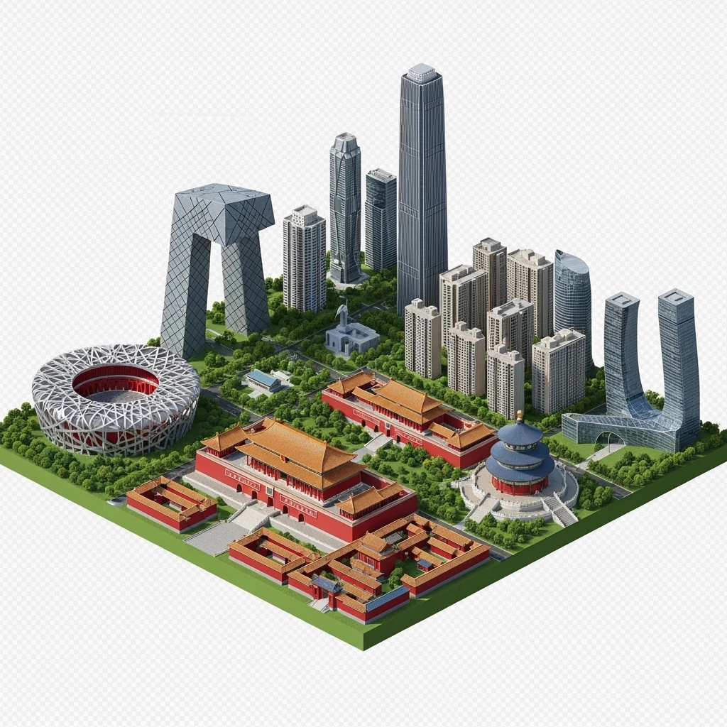 Isometric miniature of Beijing Forbidden City, Tiananmen Square, CCTV Headquarters, Temple of Heaven, China Zun skyscraper, Bird’s Nest Stadium, Beijing apartment blocks, 3D miniature effect and Tilt Shift effect, no cartoonish look, transparent background, don't cut angles emoji