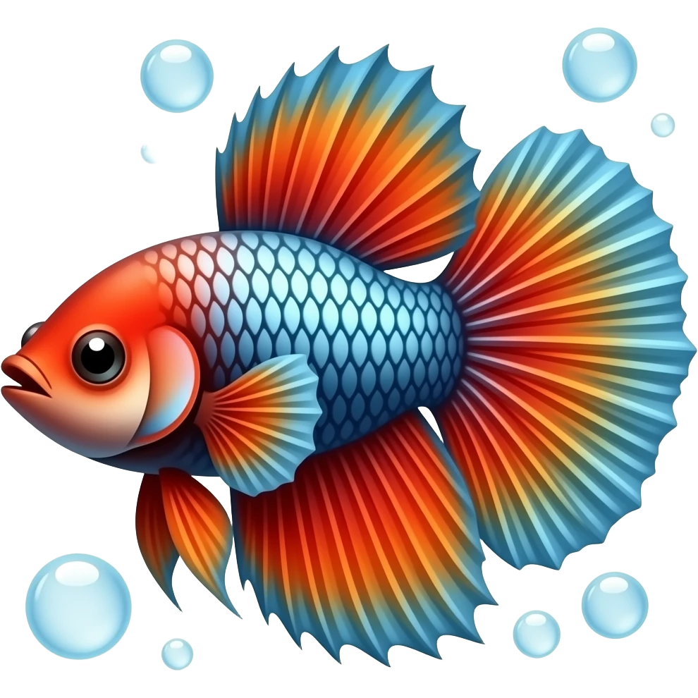 Red and orange with some shiny blue White and green scales Betta fish and bubbles emoji