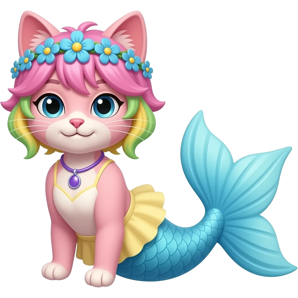 cartoon Male pink anthro cat  with pink and green and yellow hair blue flower crown with light purple necklace  light yellow dress attached to cyan  and light blue mermaid tail with dark blue fins emoji
