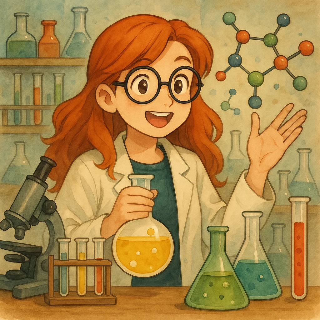 Add chemical accessories such as test tubes, flasks, a microscope, and molecules around the red-haired chemistry professor in an expressive illustration style. emoji