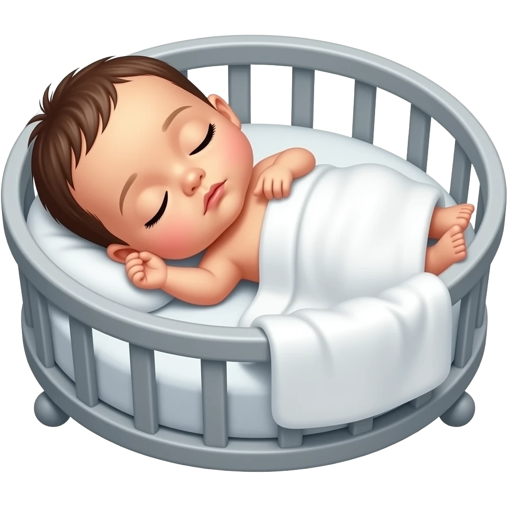 Bebé de 6 días ojos oscuros poquito pelo, durmiendo boca arriba en una cuna gris, tapado con una mantita blanca emoji