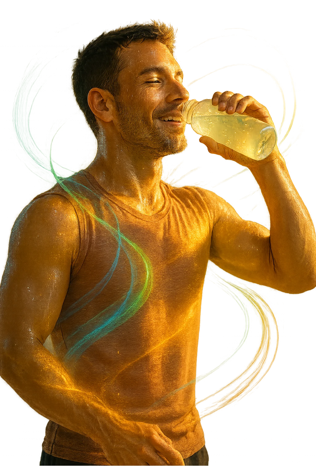 Uomo atletico sui 30 anni, al mattino presto, mentre beve una bevanda trasparente ricca di elettroliti da una borraccia. Il suo corpo è illuminato da una luce naturale dorata e mostra una leggera aura energetica attorno ai muscoli, simbolo di rigenerazione e recupero. Espressione rilassata e vitale, pelle idratata e luminosa. Intorno a lui flussi leggeri e colorati (blu, verde, arancio) rappresentano il bilanciamento degli elettroliti: sodio, potassio, magnesio. Ambiente naturale o cucina moderna minimalista. Atmosfera positiva, pulita e rinvigorente. emoji