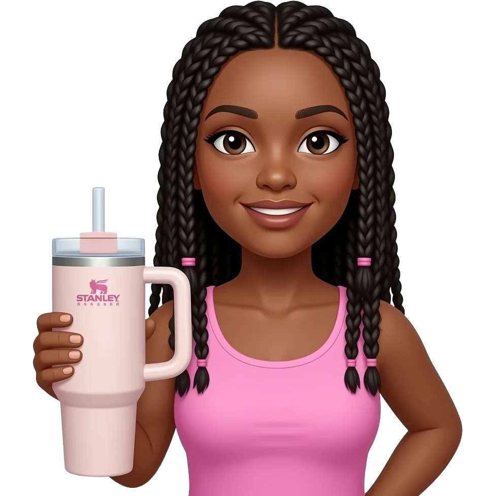 Black girl with pink tank top and fulani braids holding stanley emoji