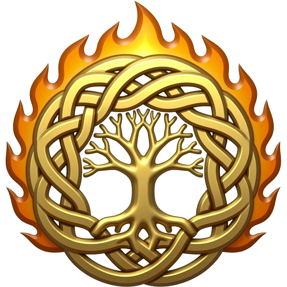 emblem with celtic knot with tree of life and fire emoji