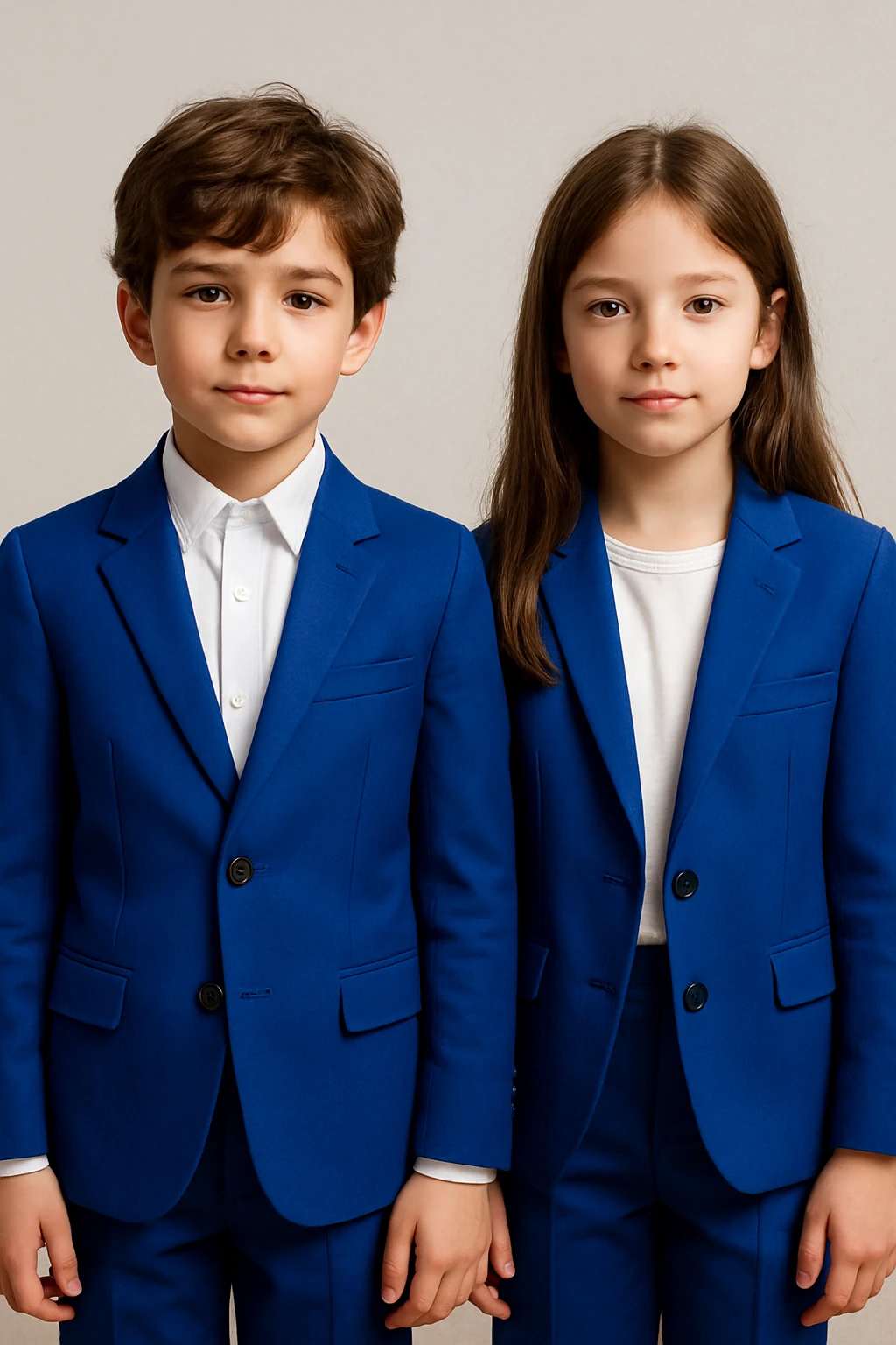 boy and girl standing side by side, both in cobalt blue suits, brown hair, neutral background emoji