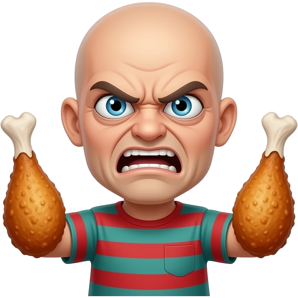a scwub stubby named freddy fried freaker. he looks like a deranged freddy and his arms are fried chicken. he is almost bald and his eyes have pure anger and agony in one package emoji