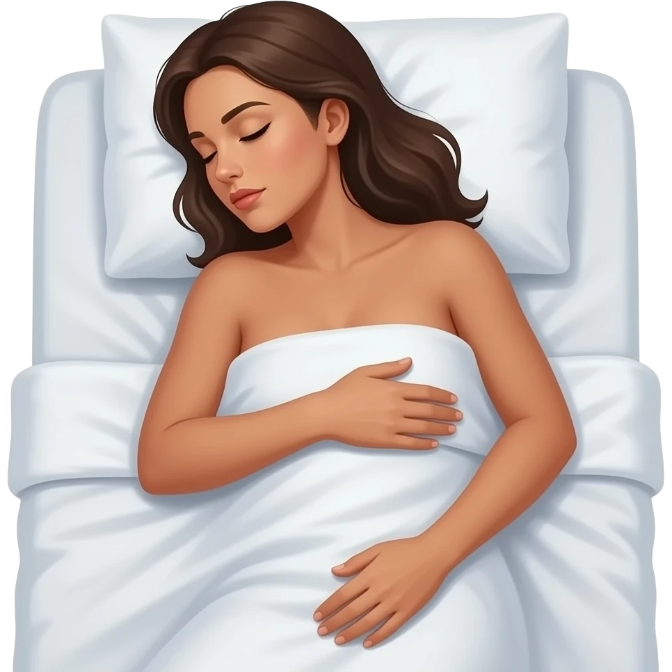 a deeply tanned naked woman sleeping peacefully in bed with the bed sheet down to her waist emoji
