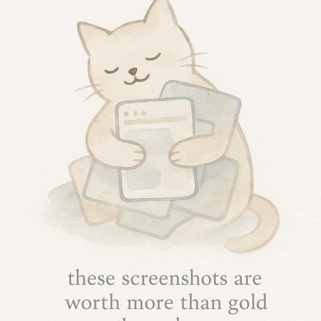 thankful cat hugging a pile of screenshots with the phrase 'these screenshots are worth more than gold these days' on a white background, watercolor art style emoji