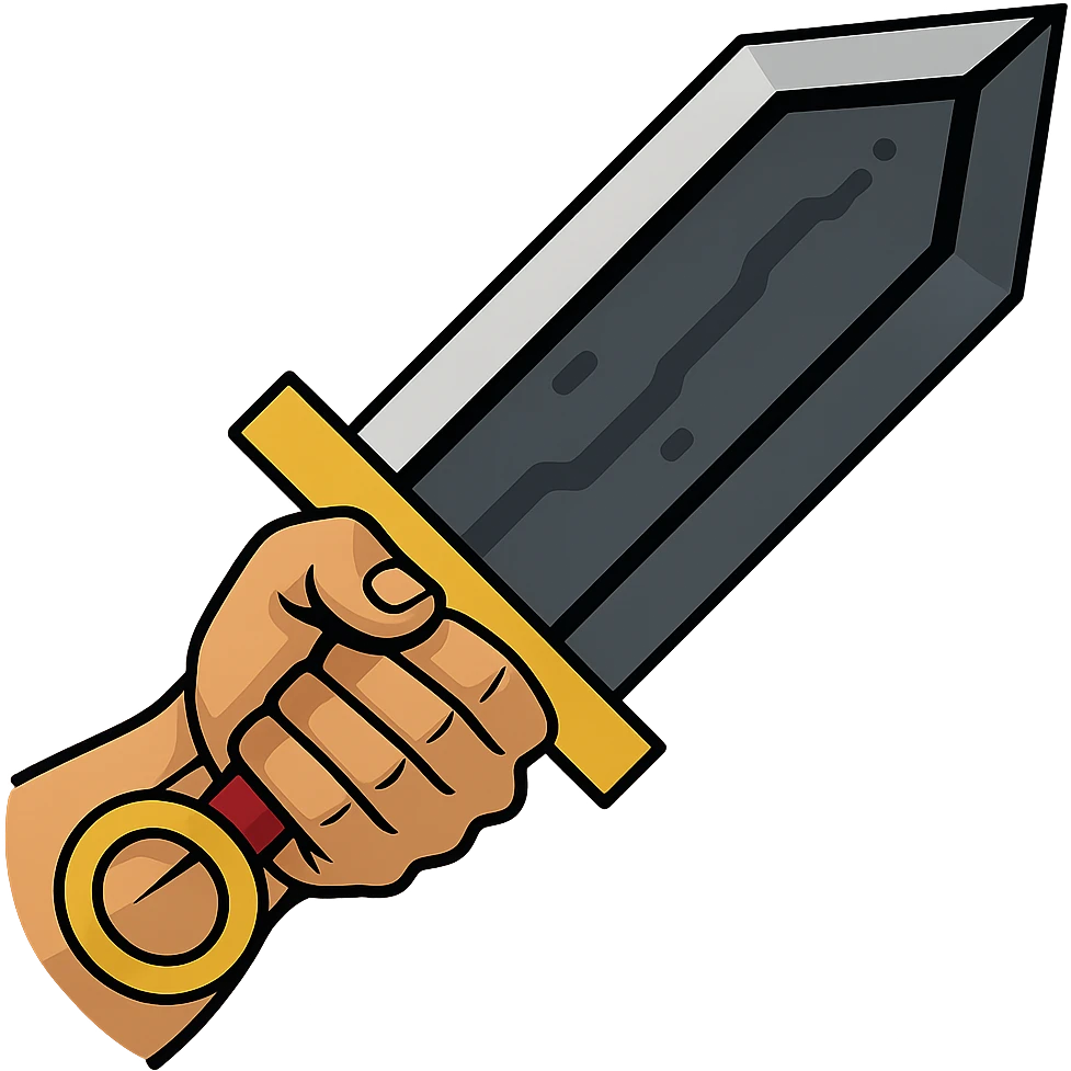 Add a strong hand gripping the hilt of the large Berserk-inspired sword, keeping the dramatic fantasy style and metallic textures, with no background. emoji