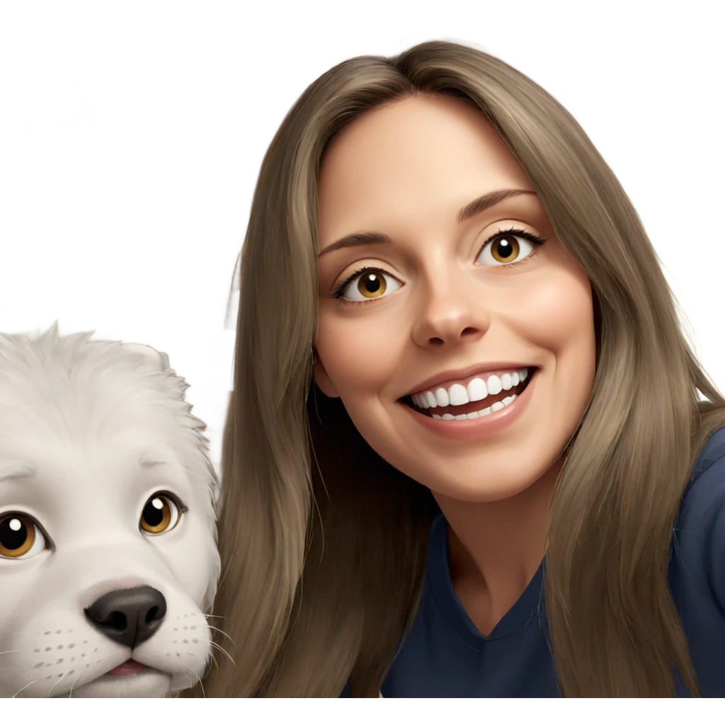smiling girl with cat and dog emoji