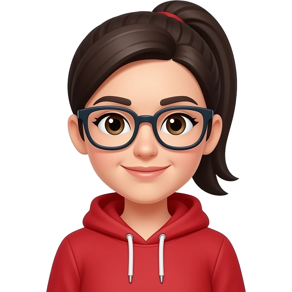 friendly and inspiring female forex trader mascot, mid 20s, red hoodie, head & shoulder, hair with ponytail, wear glasses, dark hair color and eyebrow. emoji