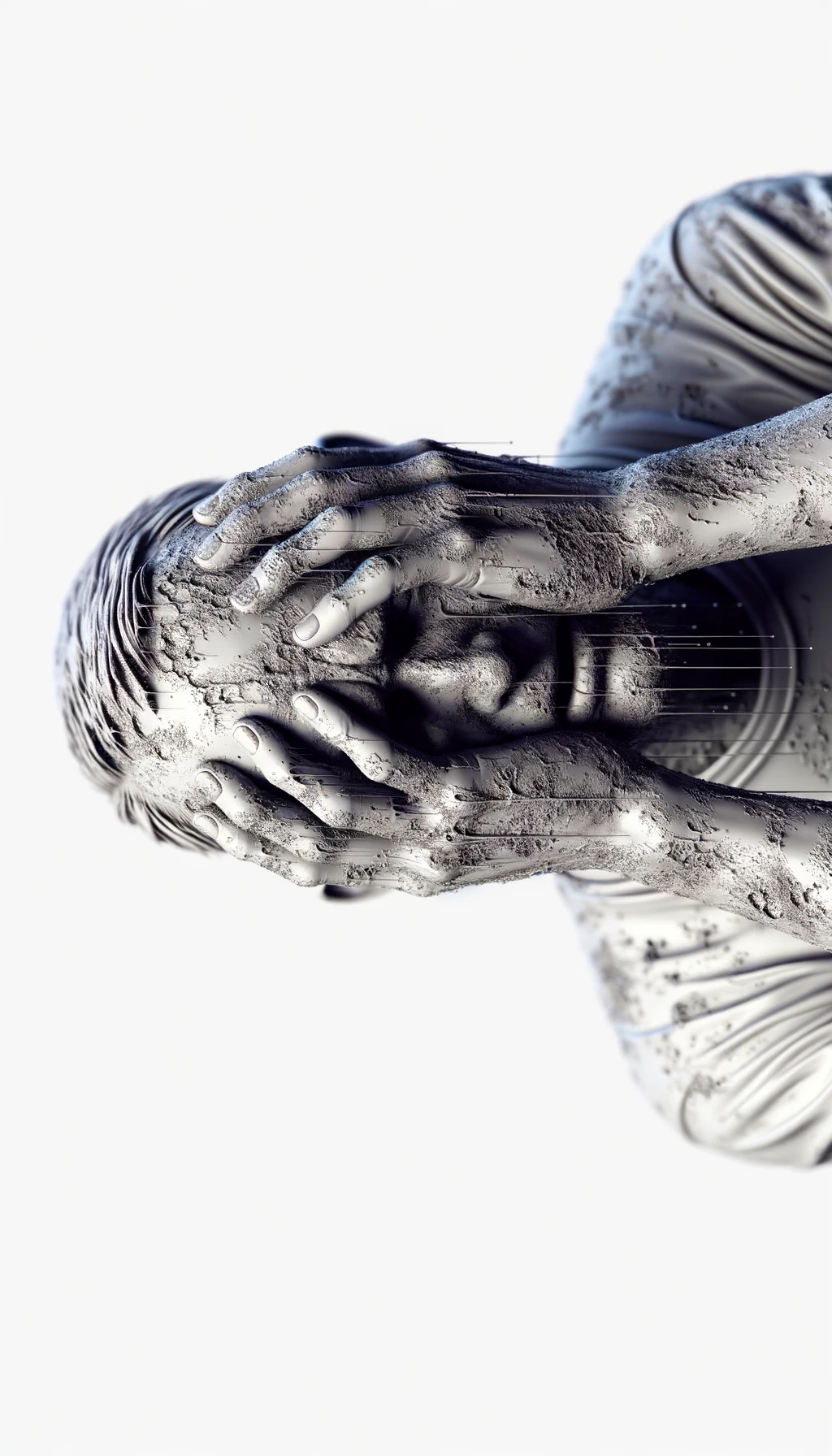 CORPO UMANO ANATOMICO REALISTICO DISPERATO, SI TIENE LE MANI SULLA FRONTE E NON SA COSA FARE, SUDATO, IPERREALISTICO 4K, SFONDO BIANCO emoji