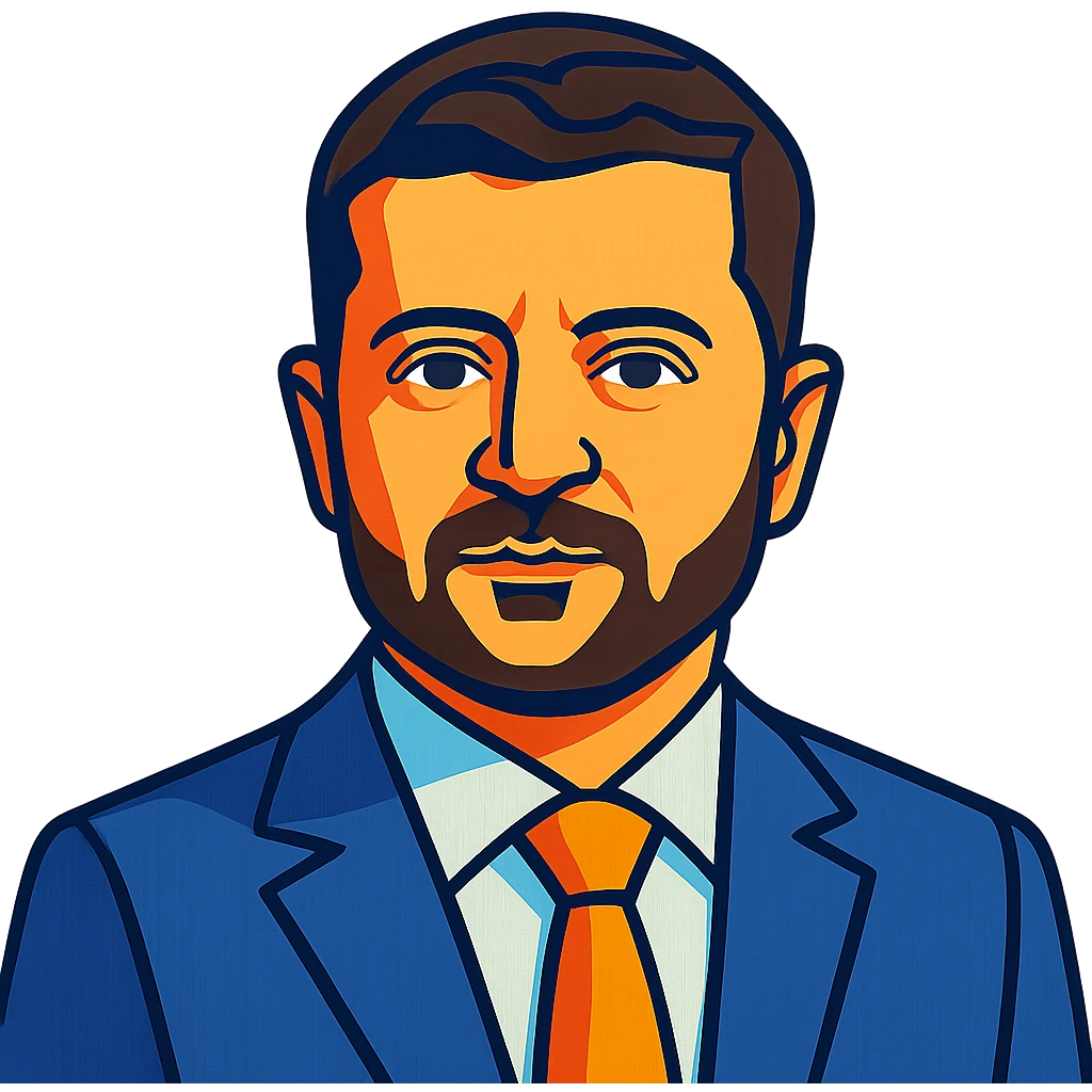 portrait of Vladimir Zelensky in a business suit, vibrant toon style, no background emoji