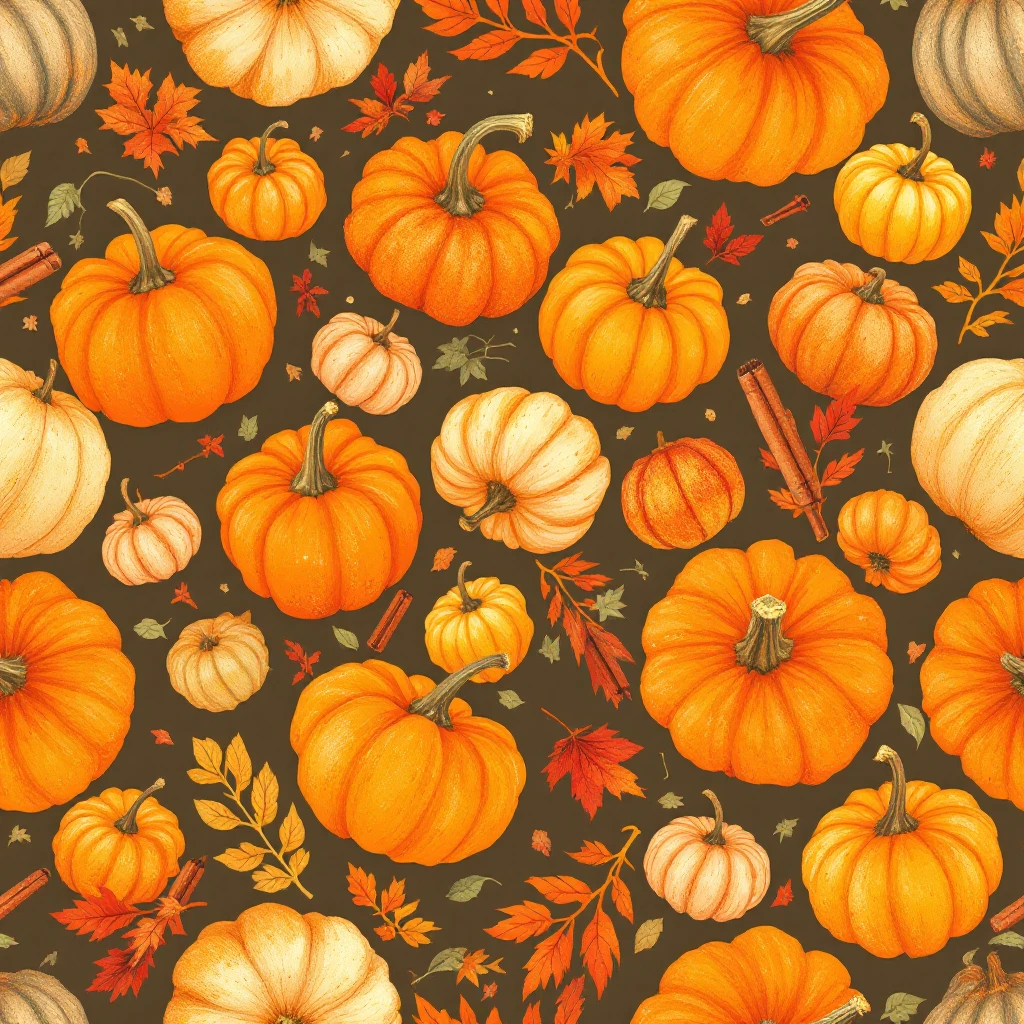 seamless pattern of pumpkins and pumpkin spice, warm orange and cinnamon tones, cozy autumn vibes, soft texture, vector style, high resolution emoji