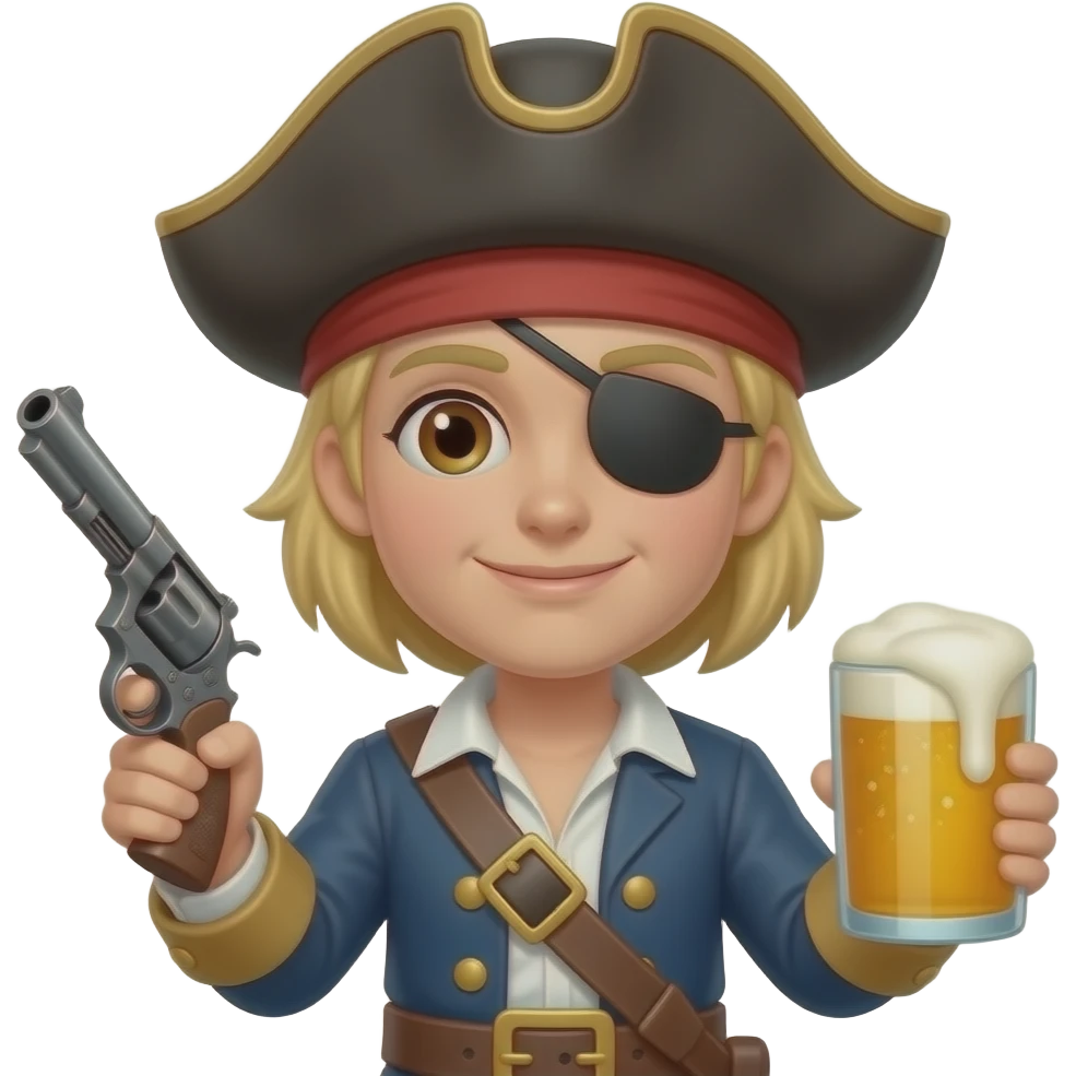 Pirata rubio, pelo corto, con gorro, parche en el ojo, ojos cafés, en una mano una pistola y en la otra una cerveza, expresión facial sería emoji