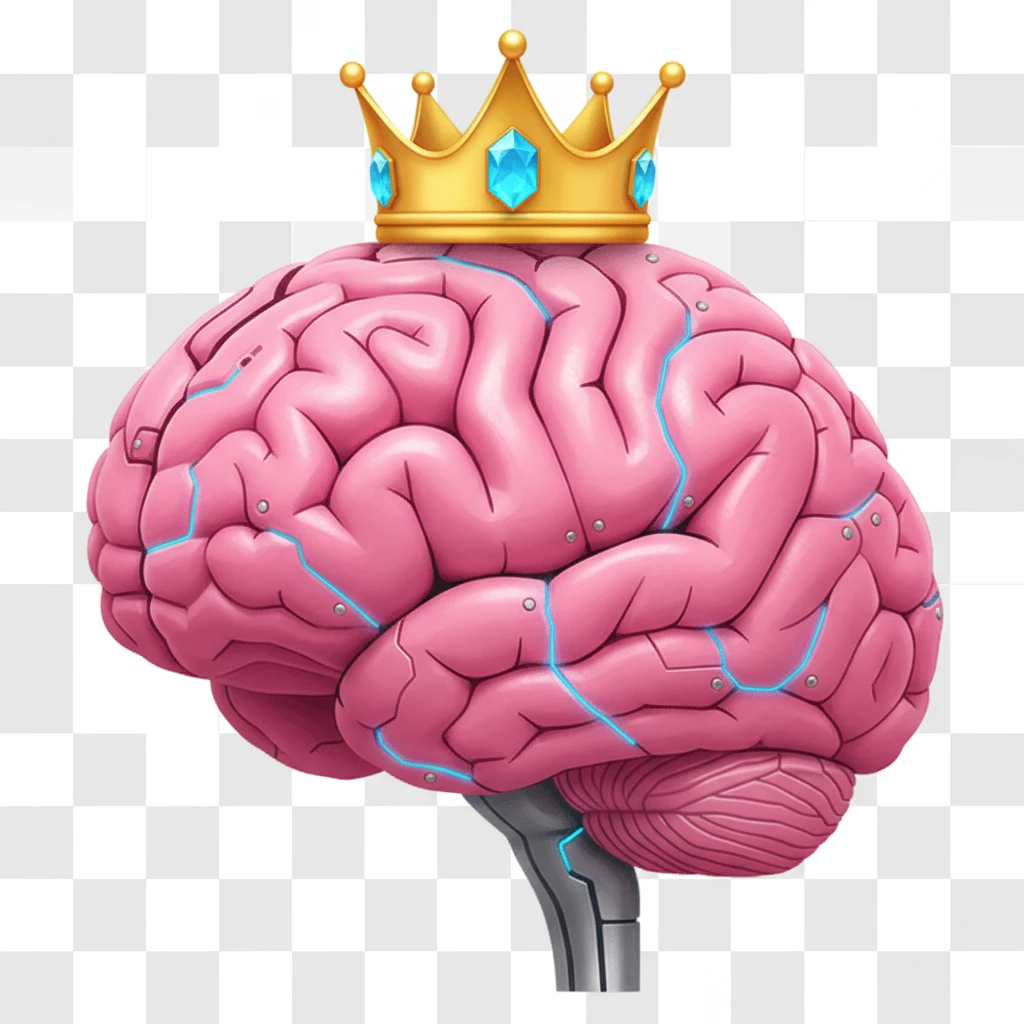 В той же стилистике сгенерируй иконку мозга-робота, на который надета корона, прозрачный фон emoji