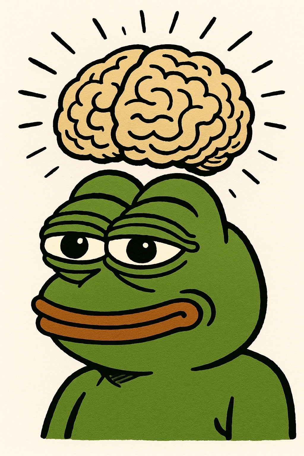 pepe the frog, brain expanded, meme illustration, humorous, comical emoji