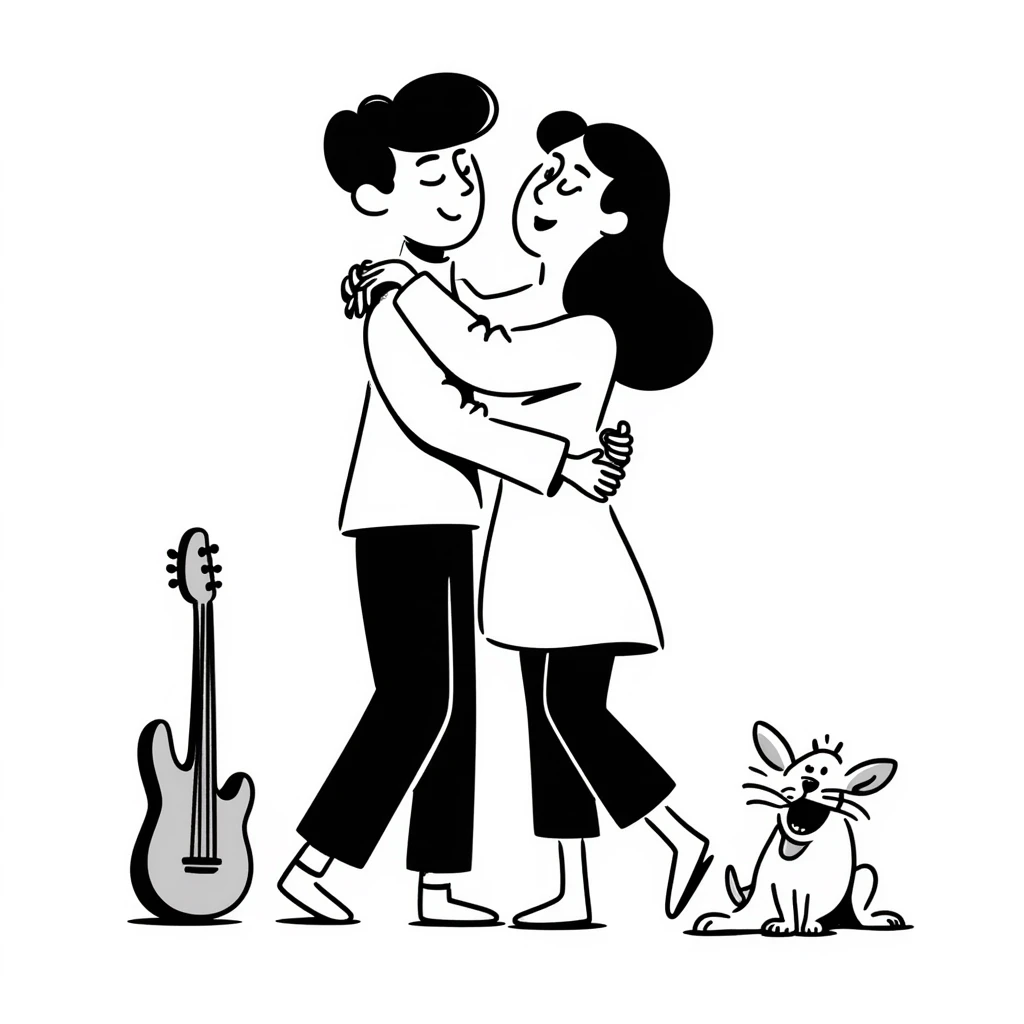 Two happy musicians hugging each other, smiling, friendly embrace, musical instruments nearby emoji