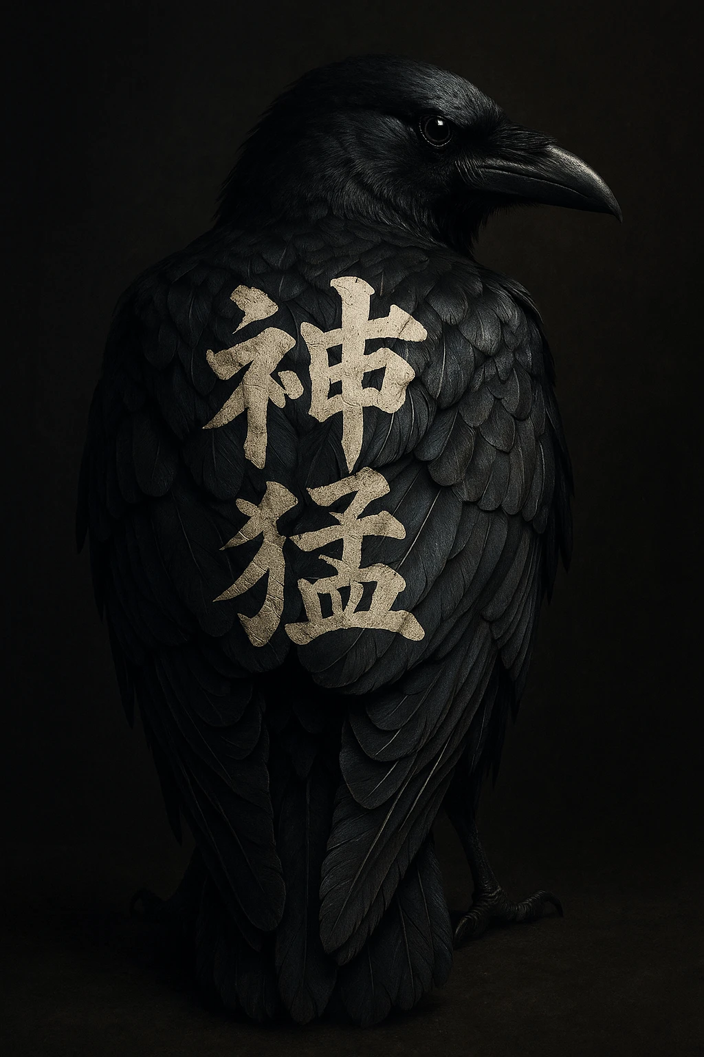 A crow with its back turned, displaying bold yakuza-style kanji writing across its feathers, dramatic lighting, and a tough attitude emoji