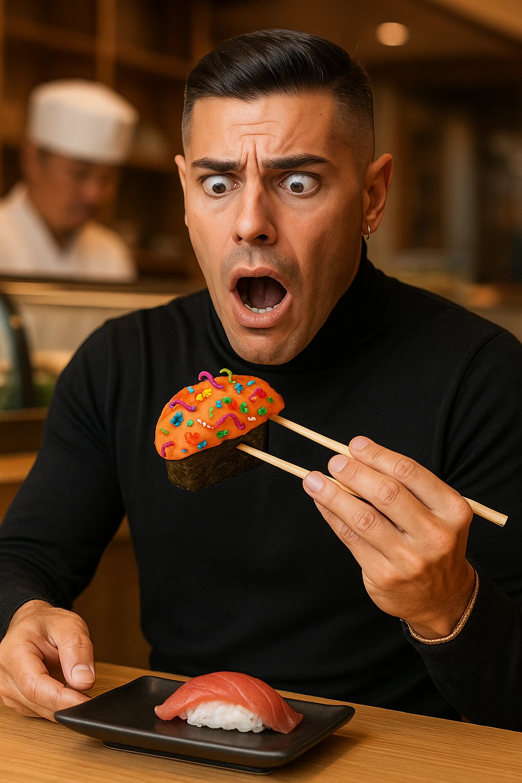 a man sits at a sushi bar, holding his chopsticks above a gunkan of salmon. As he looks closely, he notices visible parasites and bacteria—depicted as small worms and colorful bacterial shapes—on the surface of the sushi. His eyes widen and his mouth opens in shock, clearly alarmed. The background shows the sushi counter and chef, but the focus is on the man’s reaction and the contaminated sushi. emoji