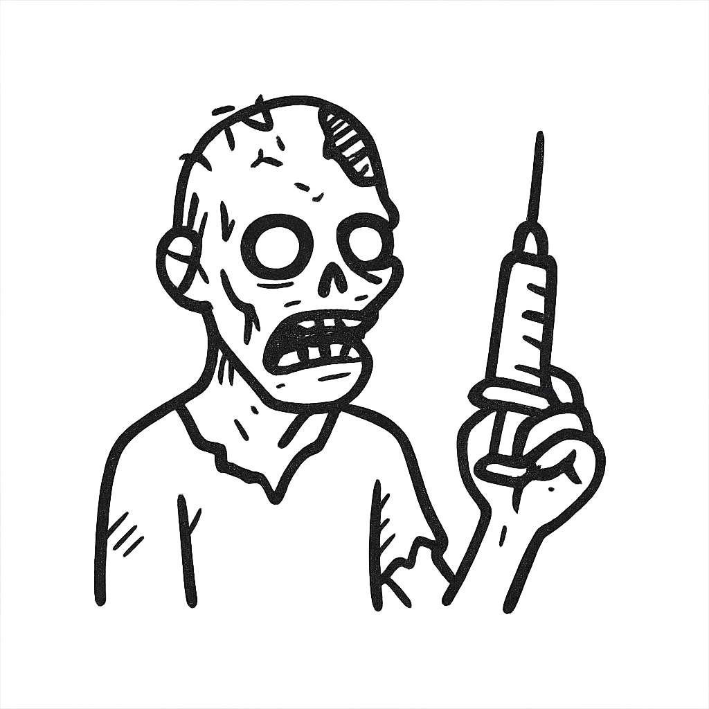 zombie holding a syringe, hand drawn black outline style emoji