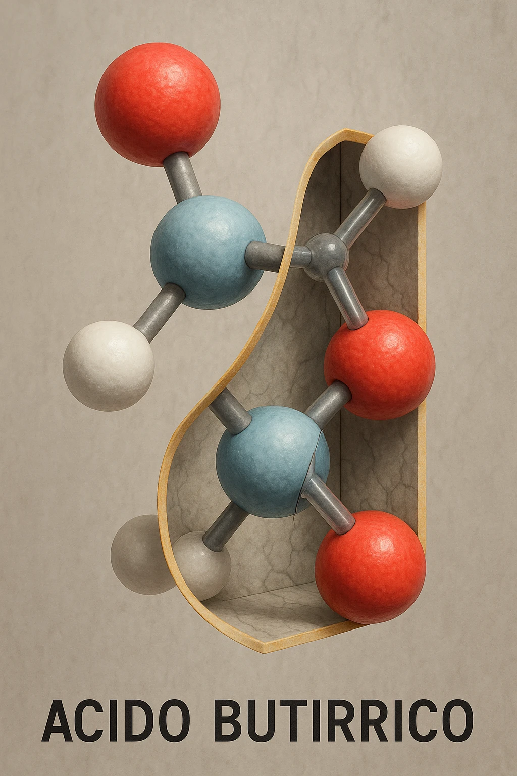 Vertical, hyper-realistic 3D cutaway illustration: Acido Butirrico emoji