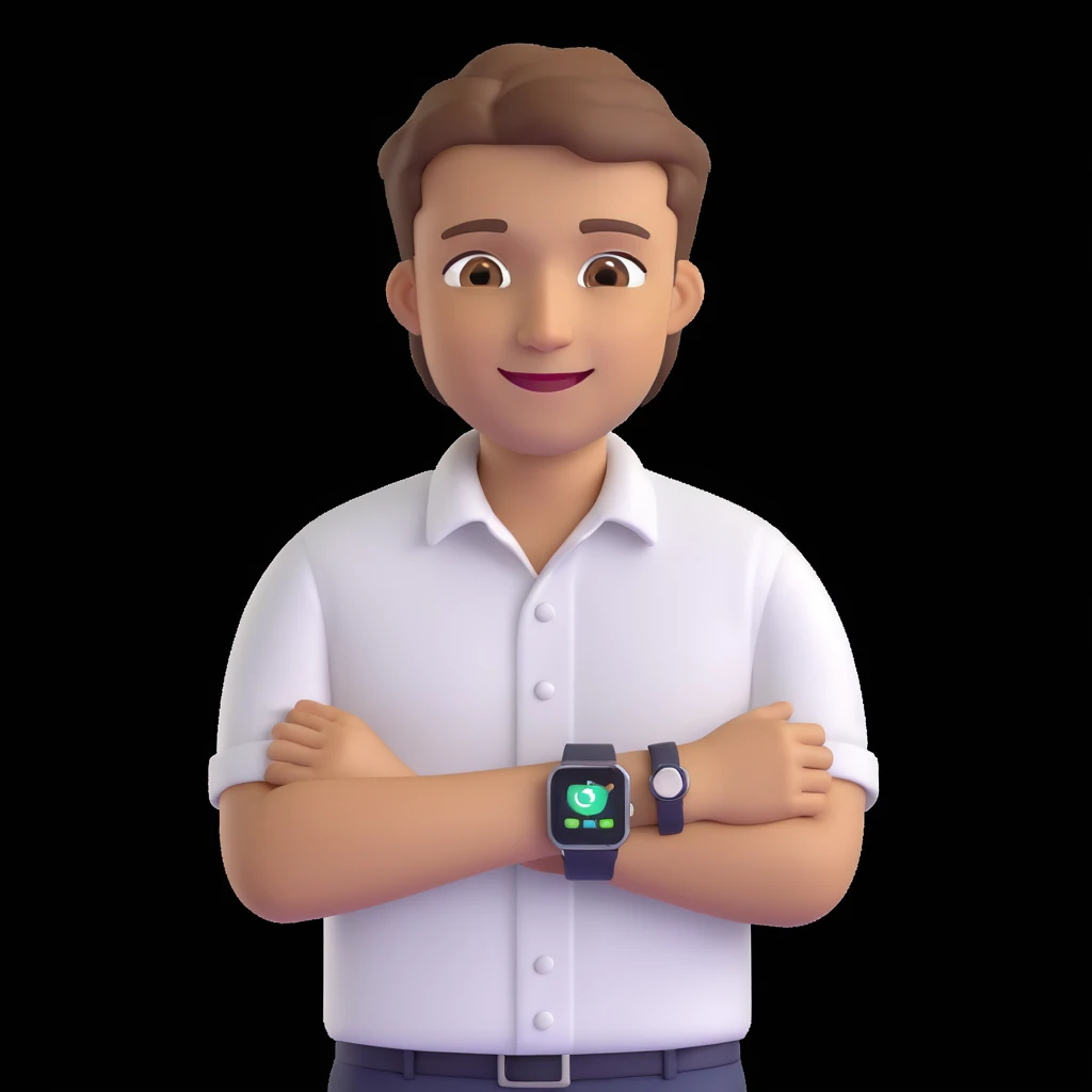 apple-style 3D emoji avatar of a fair, handsome young man with light brown hair, brown eyes, bright smile, wearing white button-up shirt, smartwatch, creative tech-savvy vibe, dark background emoji