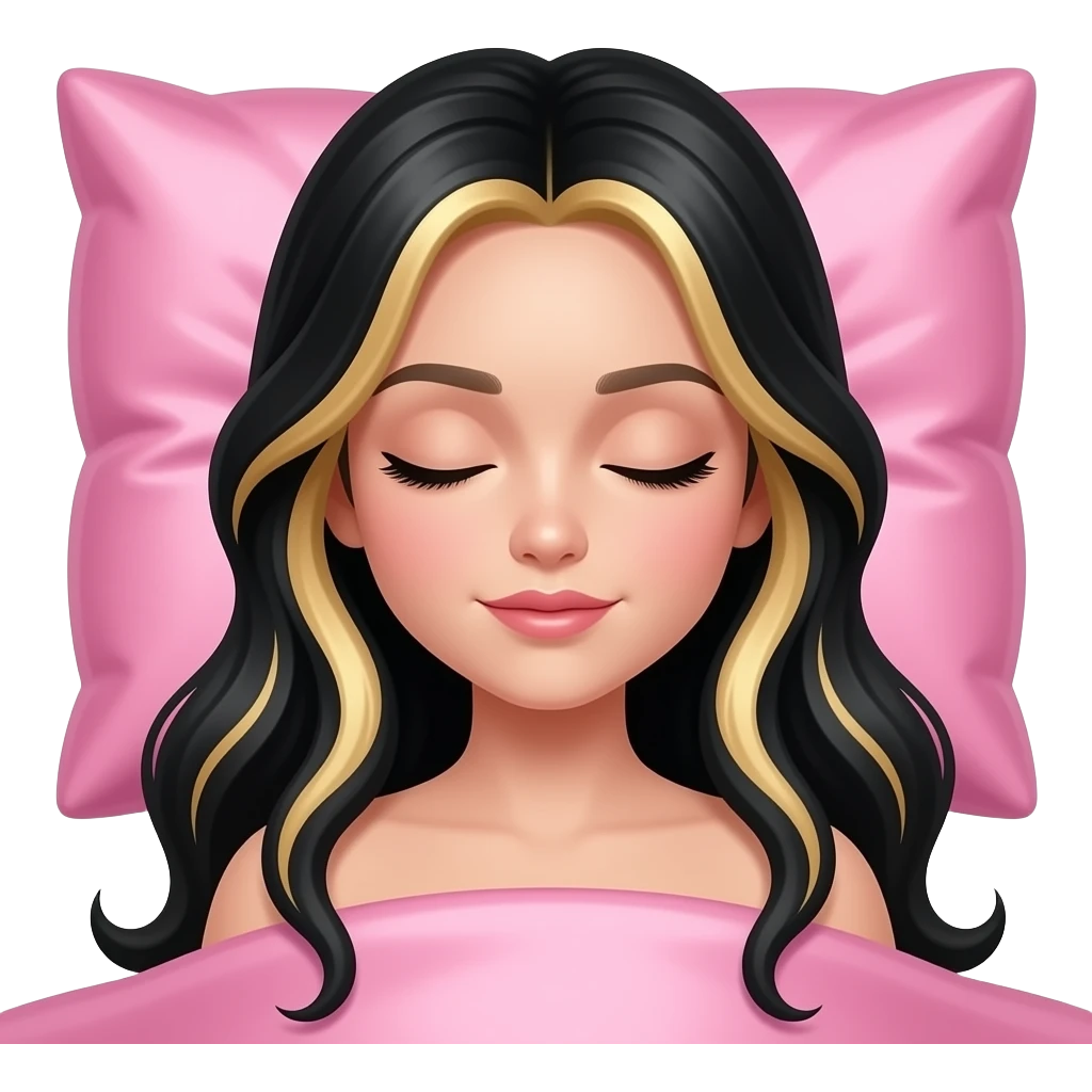 sleeping beauty girl with pale skin and black hair with blonde highlights with a pink silk pillow emoji