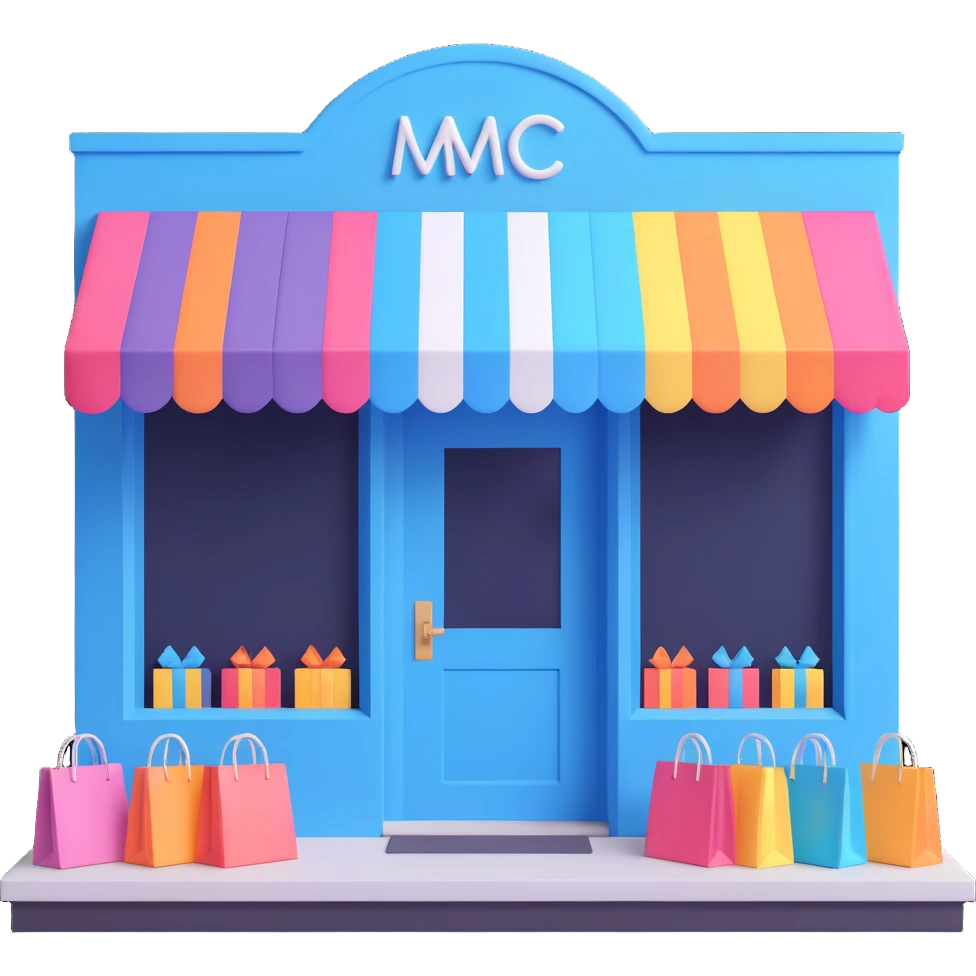 friendly storefront with striped awning and shopping bags at the entrance, pastel colors emoji