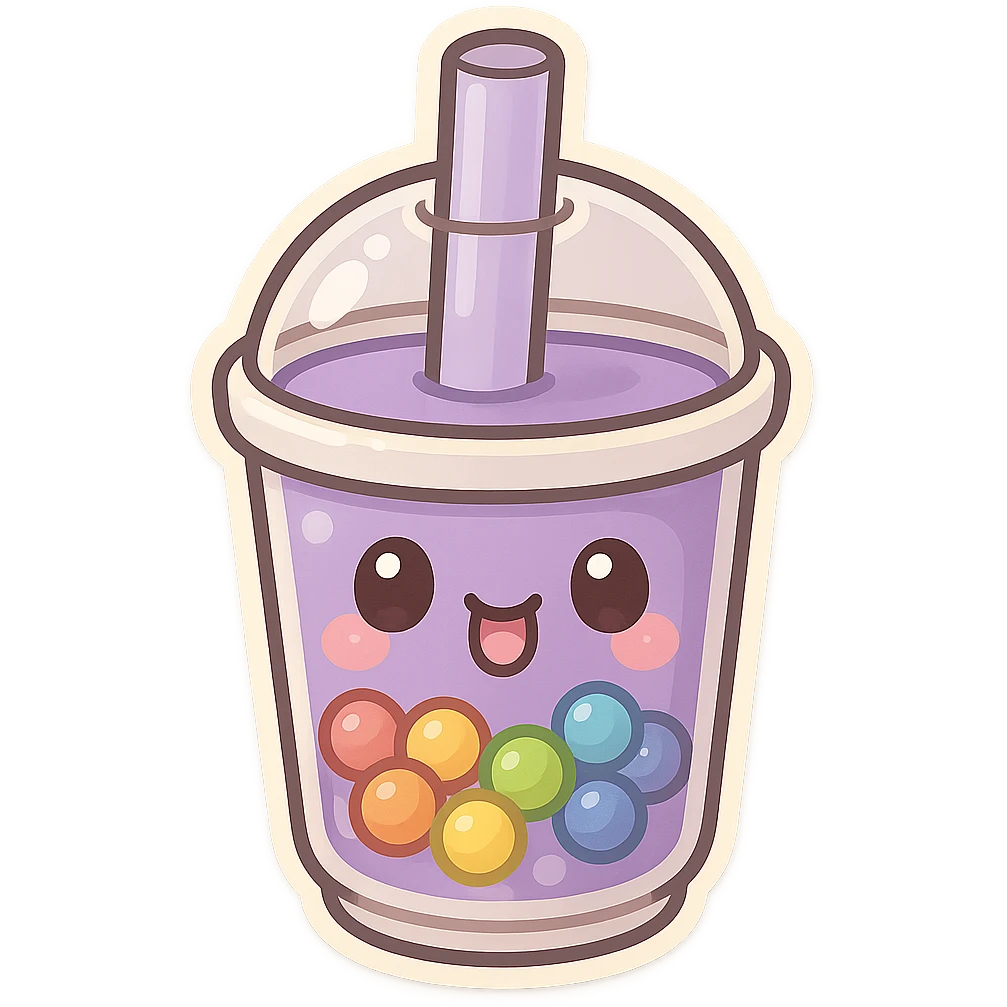 Purple pearl milk tea with rainbow boba, cute and exaggerated Q version sticker style emoji