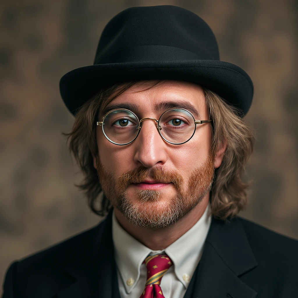 John Lennon with round glasses and a bowler hat, photorealistic style, highly detailed, soft lighting emoji