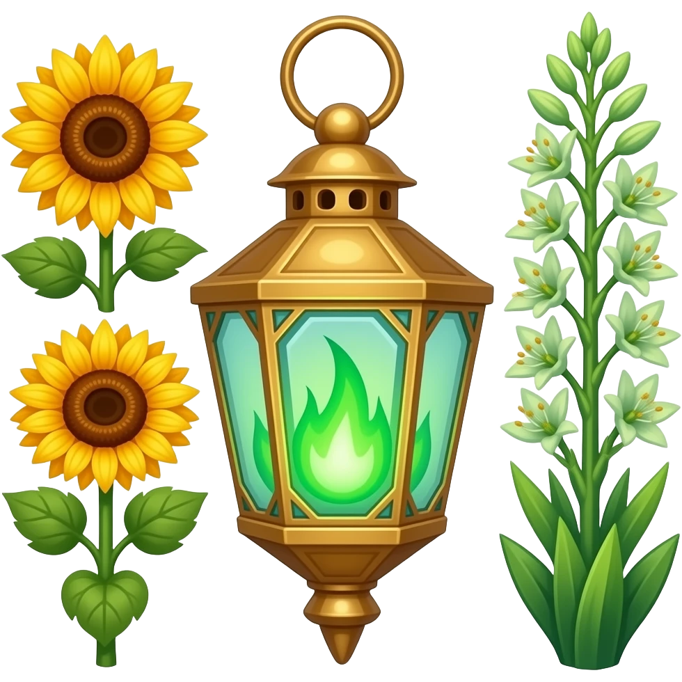 A golden hanging lantern with a bright emerald flames, an empty loop on top, fae themed sunflowers on the left and fully bloomed asphodels on the right as part of the design, but simple focus more on the green flames, paint the glass more green, have its bottom point come to some sort of point emoji