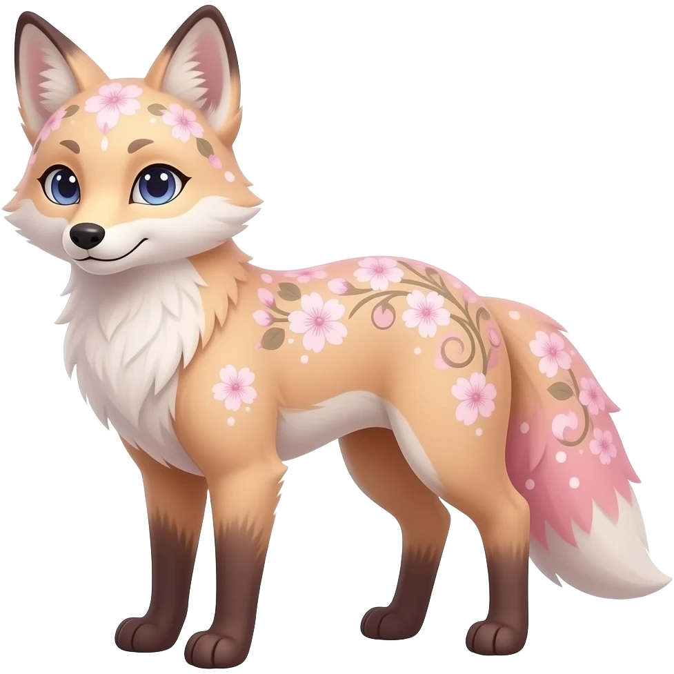 Realistic pretty elegant sophisticated soft beautiful Anthropomorphic bipedal digitigrade Pastel beige and pastel Sakura-pink fox furry-Falvie-Fionbri-fursona with floral swirly markings and white spot markings, 2 legs, modern, sophisticated emoji