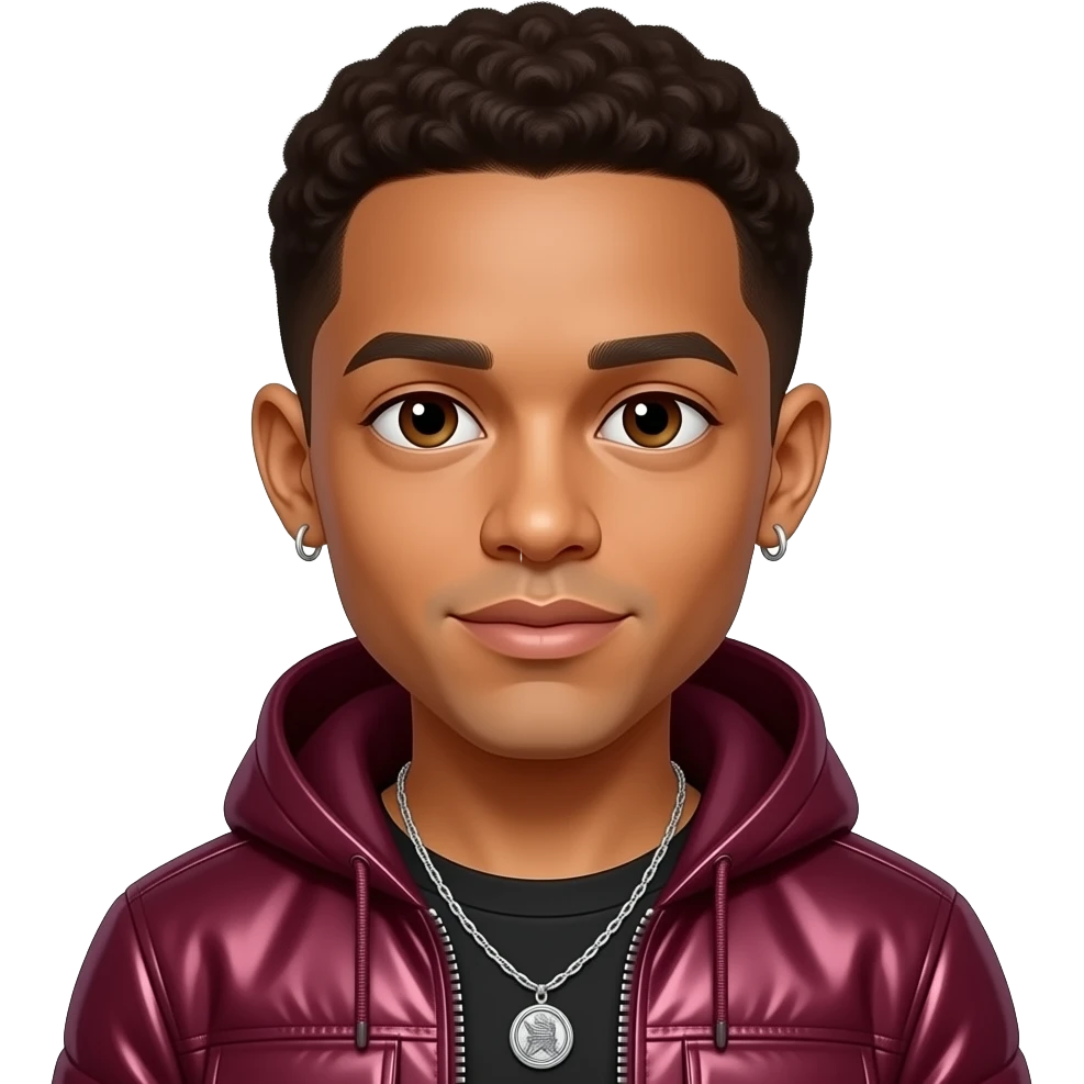 Jaden Smith with brown eyes, dark brown hair, maroon metallic hip hop outfit, necklace and earrings emoji