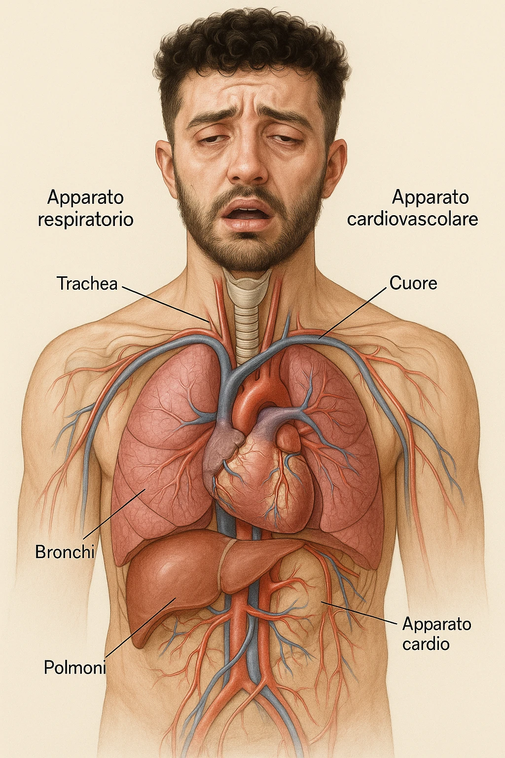 Uomo con stanchezza e respiro corto vista anatomica immagine realistica in 3D in italiano emoji