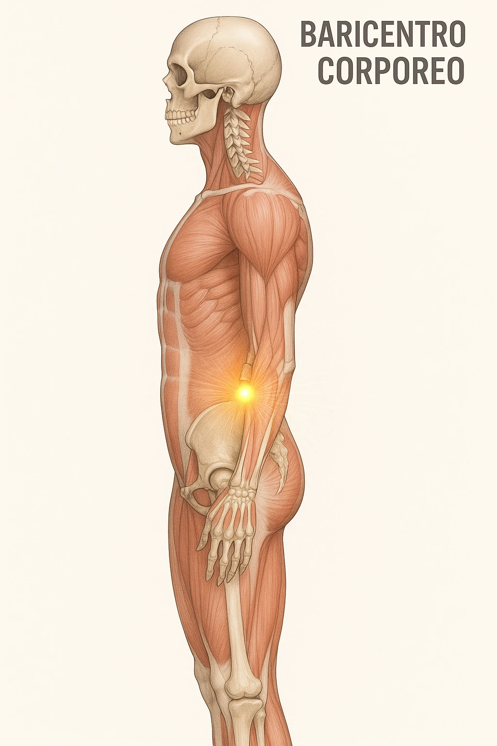Vertical, educational medical illustration: side view of a human body with the anatomical center of gravity (baricentro corporeo) indicated by a luminous point at the level of the second sacral vertebra. Transparent overlay shows both skeleton and major muscle groups. Clean, modern, white background. emoji