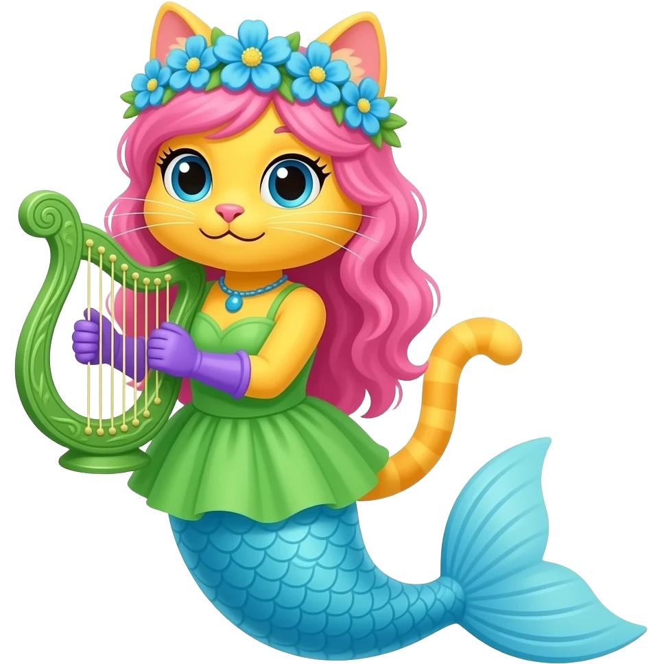 yellow cat with pink hair blue flower crown with green dress attached to light blue mermaid tail with purple gloves holding a green harp artistic creation, beautiful art emoji